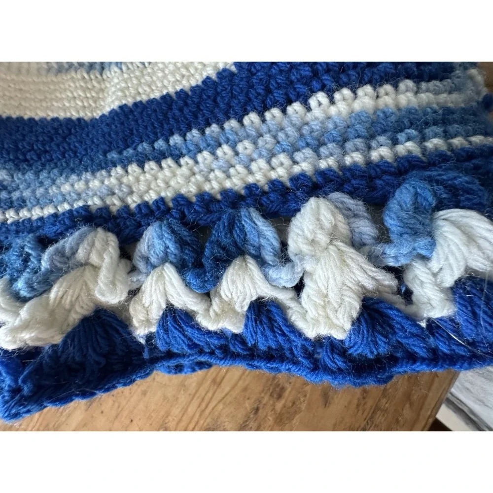 Handmade Crochet Afghan Throw Blue White Artisan Ruffle Shell Border 60 X 72